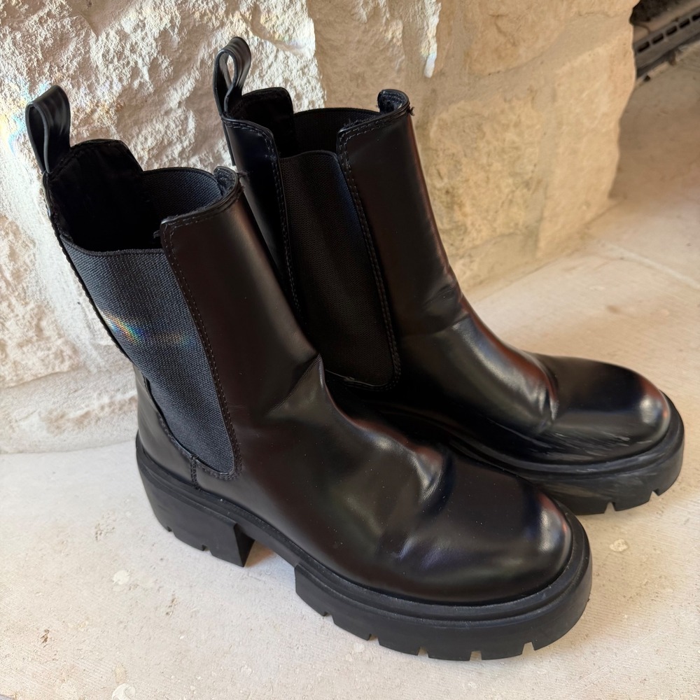 HM Black Chunky Lug‎ Sole Chelsea Boots Platform Mid Calf EU 41 Womens 10